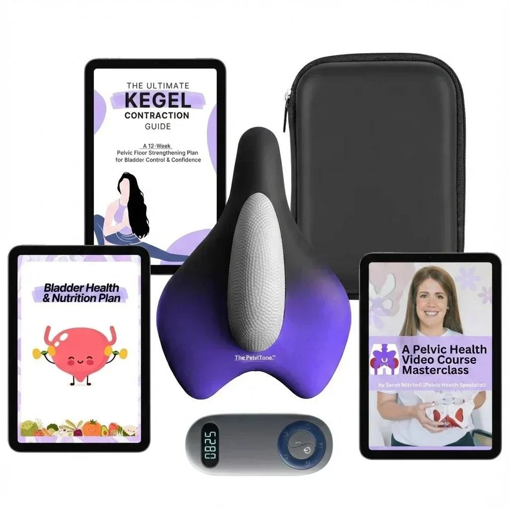 Pelvic health product set with digital guides and timer on a white background