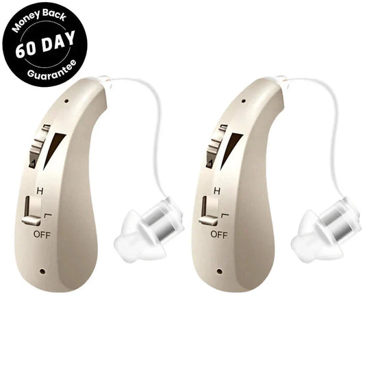 Beige hearing aids with control switches on a white background, featuring a money-back guarantee badge.
