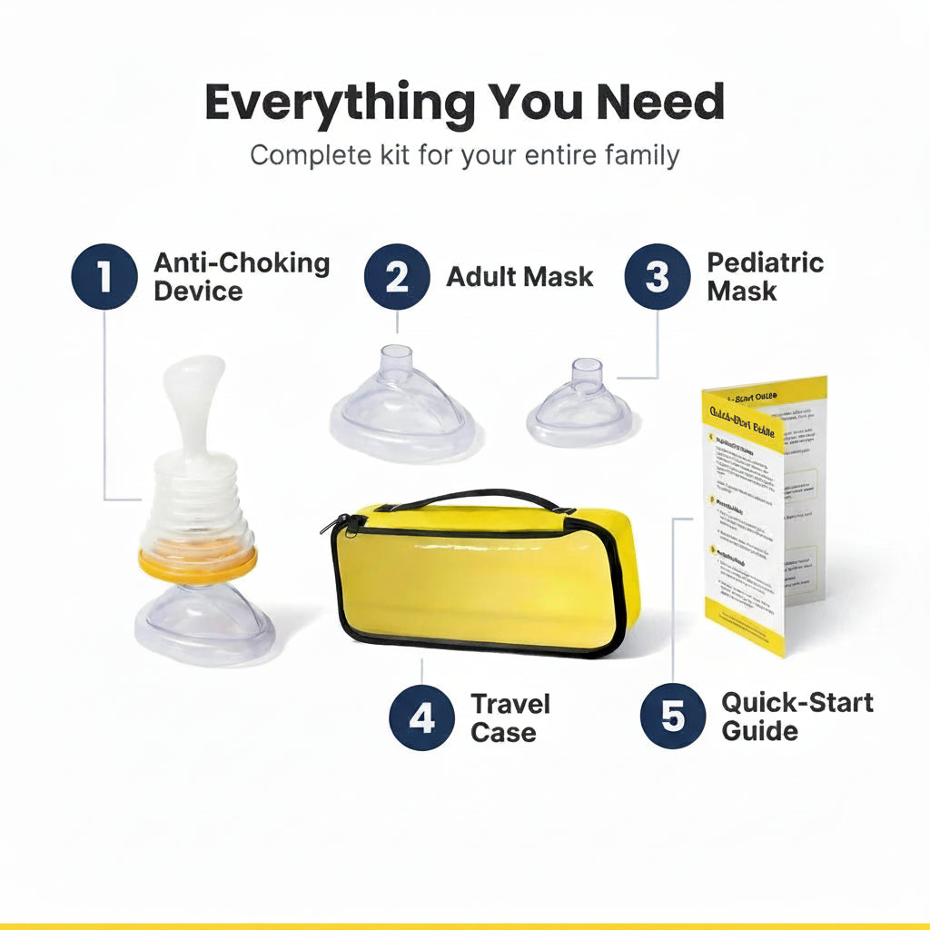 Complete kit for your entire family with NexBreath Device, Adult Mask, Pediatric Mask, Travel Case, and Quick-Start Guide on a white background.